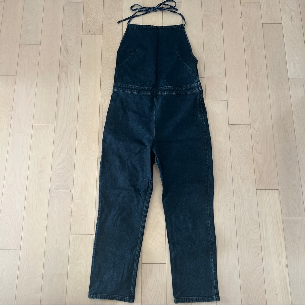 Free People Black Denim Halter Open Back Jumpsuit